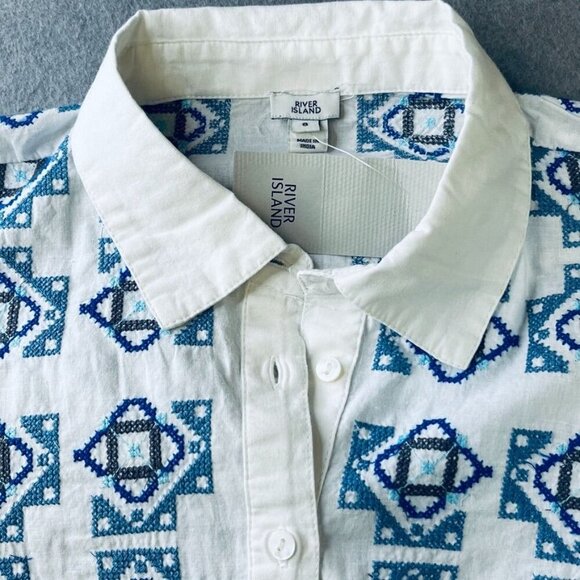 River Island Embroidered Mini Shirt Dress Size 8 Open Back Collard Button Up - Picture 12 of 16